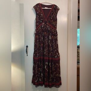 Max Studio Floral Bird Burgundy Maxi Dress